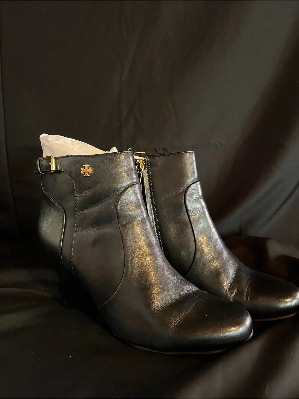 Tory Burch Black Leather Ankle Boots with Gold Logo